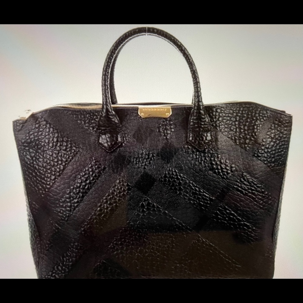 Check-embossed 2way Tote Black Leather Satchel